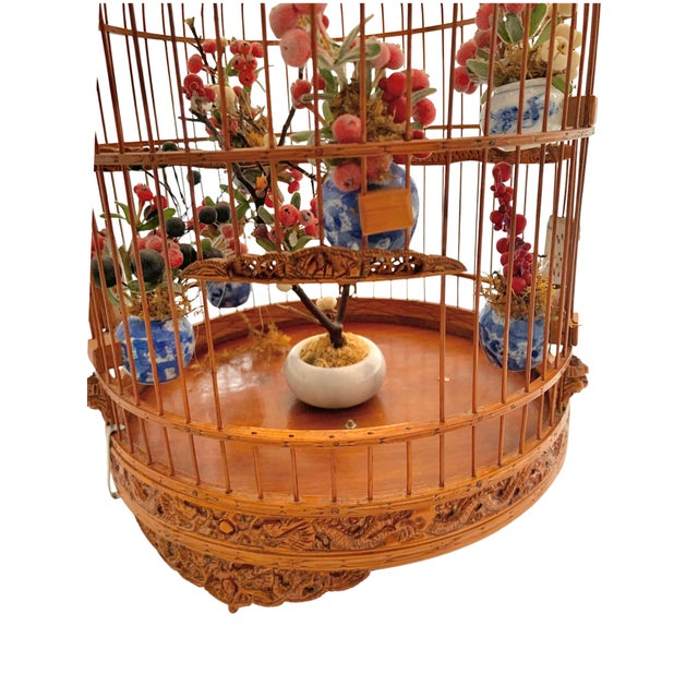 Late 20th Century Bird Cage Bamboo Wood With Miniature Faux Floral Asian Style Vintage Oriental Decor For Sale - Image 4 of 8
