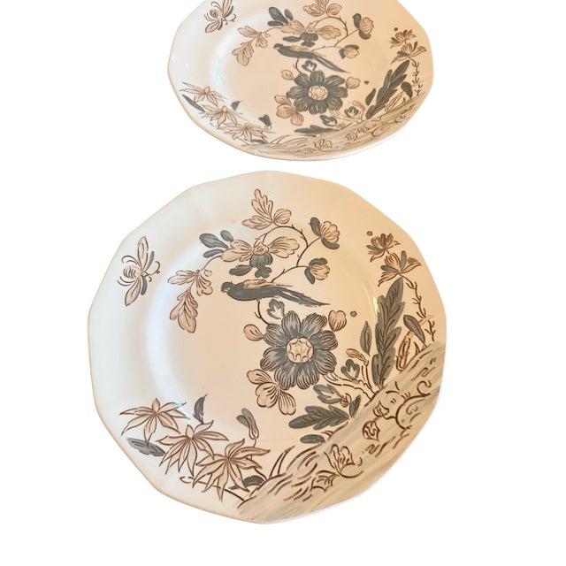 1960s Vintage Adams India Parrot Gray Chinoiserie Ironstone Salad Plates, Set of 3 For Sale - Image 5 of 12