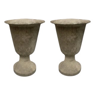 Pair of Brutalist Cast Stone Sculptural Urns on Footed Base For Sale