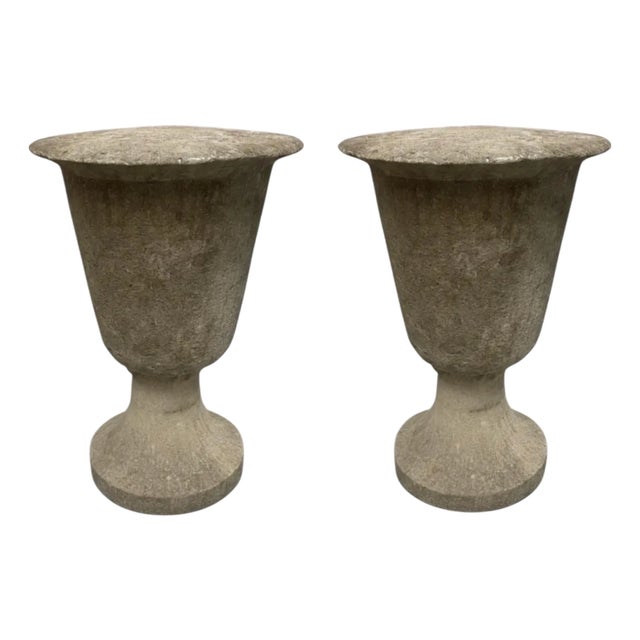 Pair of Brutalist Cast Stone Sculptural Urns on Footed Base For Sale