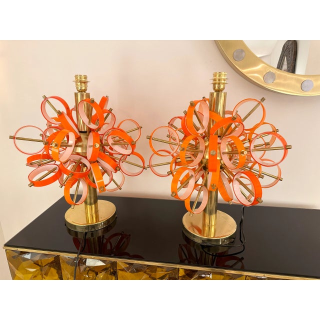 Brass Contemporary Pair of Brass Sputnik Rings Murano Glass Lamps , Italy For Sale - Image 8 of 12