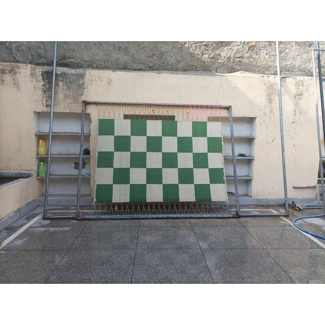 Green Handmade Woolen Flat Weave Rug, Moss Green and White Checker Board Dhurrie - 5'x8' For Sale - Image 8 of 12