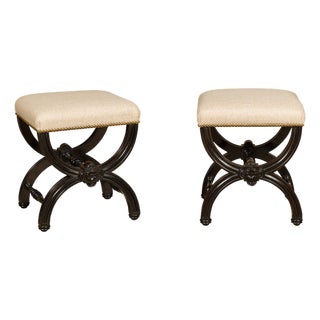 Viennese 1900s Black Stools with X-Form Bases and Custom Upholstery, a Pair For Sale