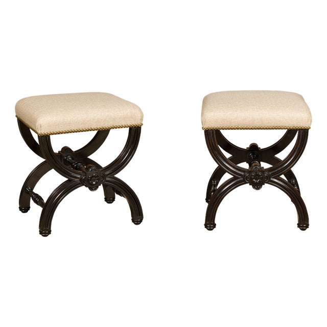 Viennese 1900s Black Stools with X-Form Bases and Custom Upholstery, a Pair For Sale