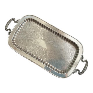 1970s Silver Plate Large Butler’s Buffet Tray Footed With Handles by Leonard Silver For Sale