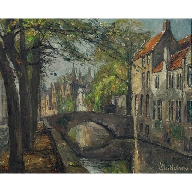 Framed Oil On Canvas By Léon Mechelaere (1880-1964) 'Pont de l’Hydromel' is a beautifully composed view of Bruges, called...
