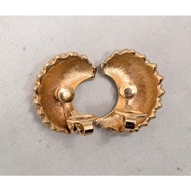 Metal Vintage 1950s Signed Crown Trifari Goldtone Scaled Half Moon Clip Earrings-2 Pieces For Sale - Image 7 of 7