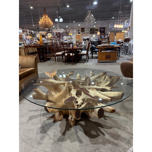 Wood Late 20th Century English Elm “New Orleans” Teak Root Coffee Table With Round Glass Top For Sale - Image 7 of 7