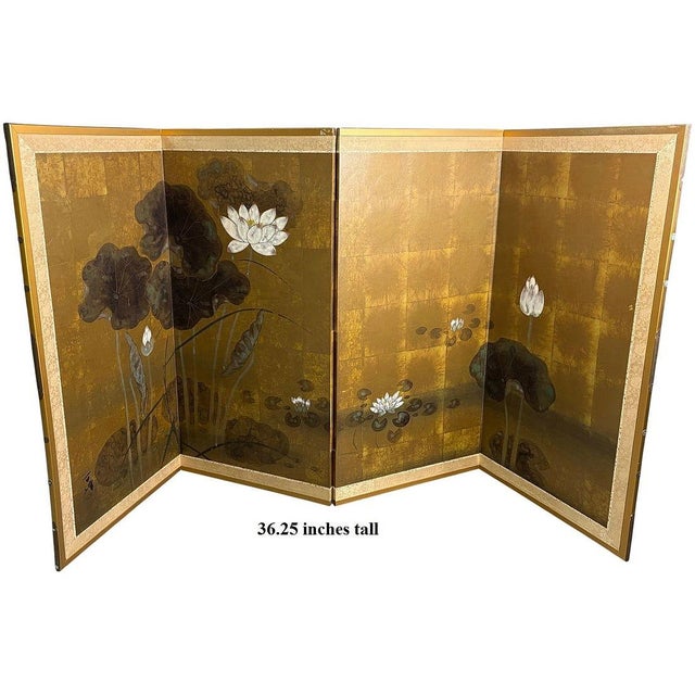 Japanese Vintage Japanese Byobu With Painted Lotus Flowers 4 Panels Folding Screen For Sale - Image 3 of 16