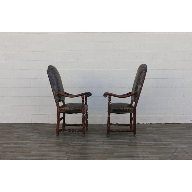Pair of Early 18th Century Carved Wood Armchairs With Embossed Leather Upholstery For Sale - Image 10 of 18
