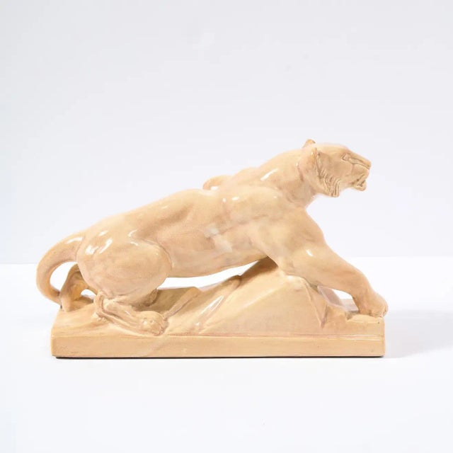 Art Deco Pale Terracotta Ceramic Sculpture of Stylized Pouncing Tiger For Sale - Image 12 of 13