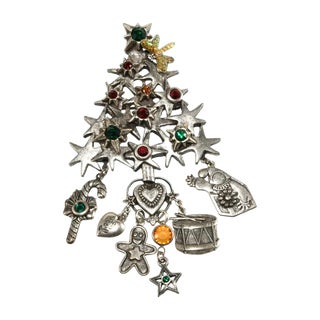 Vintage Kirk's Folly Stars Christmas Tree Pin With Dangling Charms For Sale