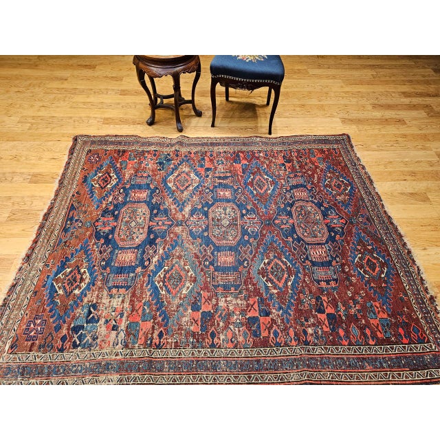 Late 19th Century Caucasian Soumak Rug, Handwoven Allover Geometric, Red & Blue, 5' x 7' For Sale In Chicago - Image 6 of 17