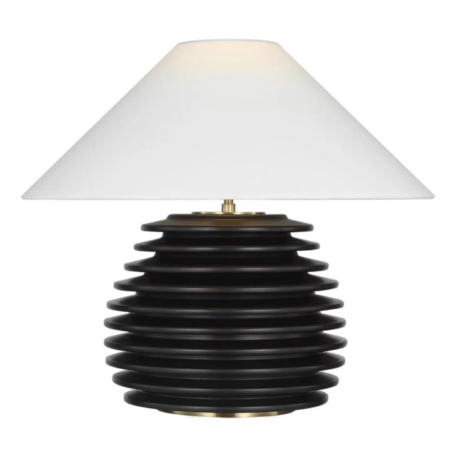 Kelly Wearstler by Visual Comfort Signature Crenelle 20" Stacked Table Lamp in Ebonized Birch with Linen Shad For Sale