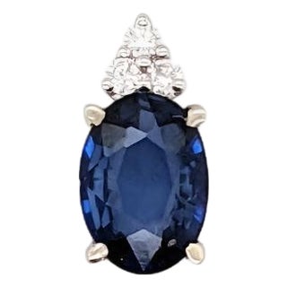 Classic Sapphire Pendant With Earth Mined Diamonds: Solid 14k Gold, Oval 7x5mm For Sale
