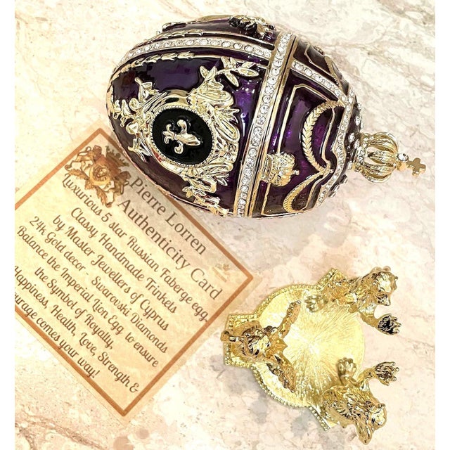 Pierre Lorren Handmade Faberge Egg Style Trinket Fabergé Egg Style Austrian Crystal Diamond Pure Gold Deco Hand Painted 5 Star Egg & Handmade Bracelet For Sale - Image 9 of 11
