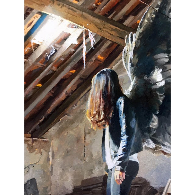 Contemporary Untold by Linda Delahaye | Oil on panel Woman with wings in an empty attic space. For Sale - Image 3 of 5