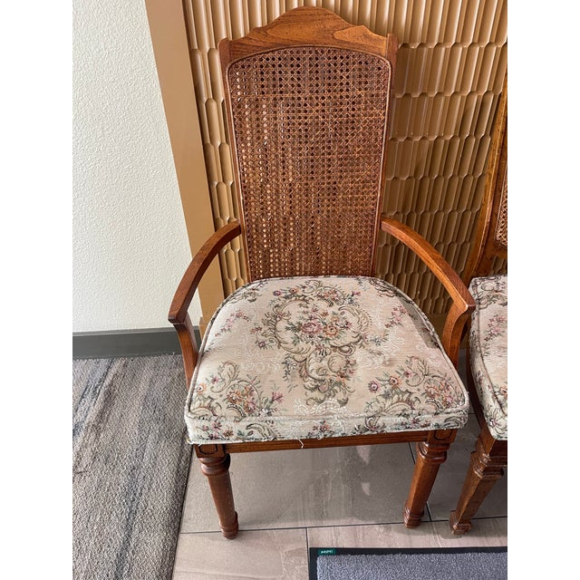 Mid 20th Century French Regency Louis XVI Cane Back, Carved Walnut Upholstered Dining Chairs, Set of 5 For Sale - Image 4 of 12