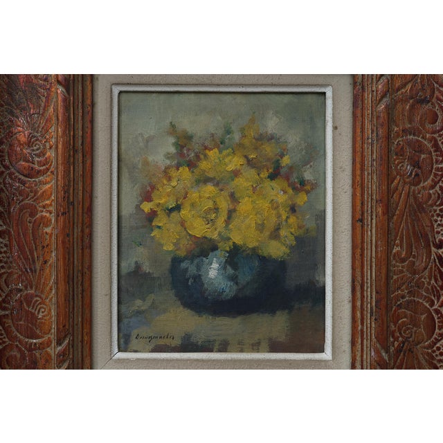 Still Life with Yellow Flowers in a Vase, Ca. 1930-1950, 1920s, Oil on Canvas & Wood For Sale - Image 4 of 11