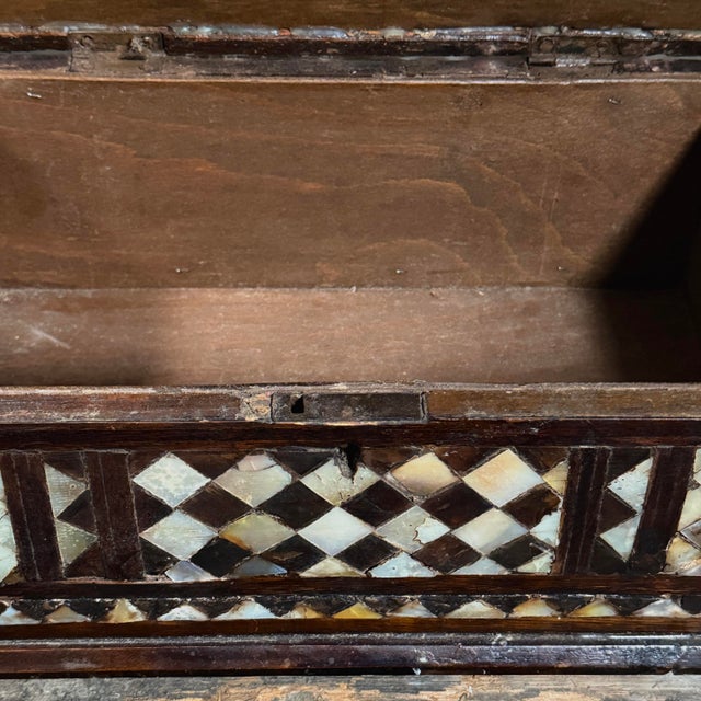 Antique Folk Art Mother of Pearl Inlaid Hand Carved Footed Table Box For Sale - Image 12 of 12