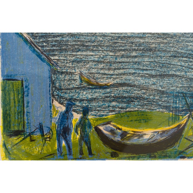 An original signed and numbered colour lithograph by Danish painter Else Jensen, presenting a coastal scene through a...