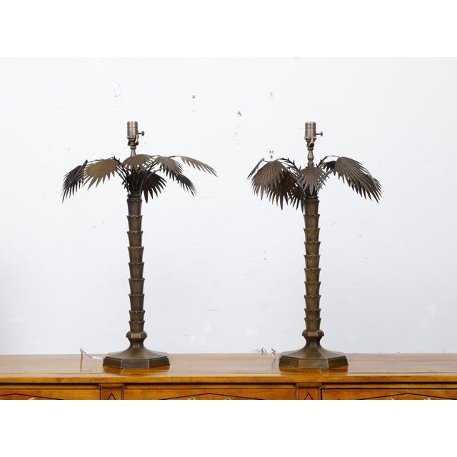 Pair of French 1920s Bronze Palm Tree Table Lamps on Octagonal Bases, USA Wired For Sale In Atlanta - Image 6 of 11