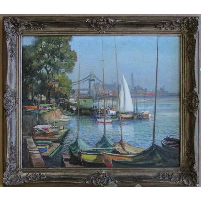 Oil on panel, framed. Signed by the artist lower left edge: "Max Hofler". Label adhered to panel verso: "Near Hammersmith...