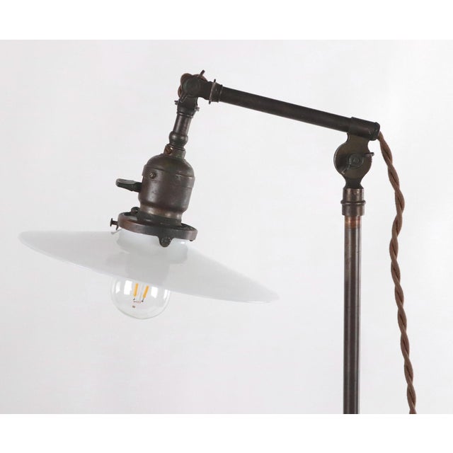 Industrial Vintage Industrial Brass Opal Disk Shade Floor Lamp For Sale - Image 3 of 9