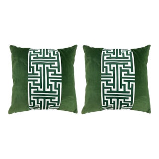Pair of Emerald Velvet Pillow With Fretwork Center Stripe 22x22 For Sale