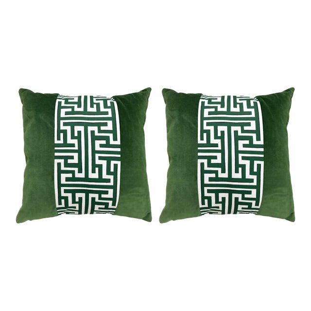 Pair of Emerald Velvet Pillow With Fretwork Center Stripe 22x22 For Sale