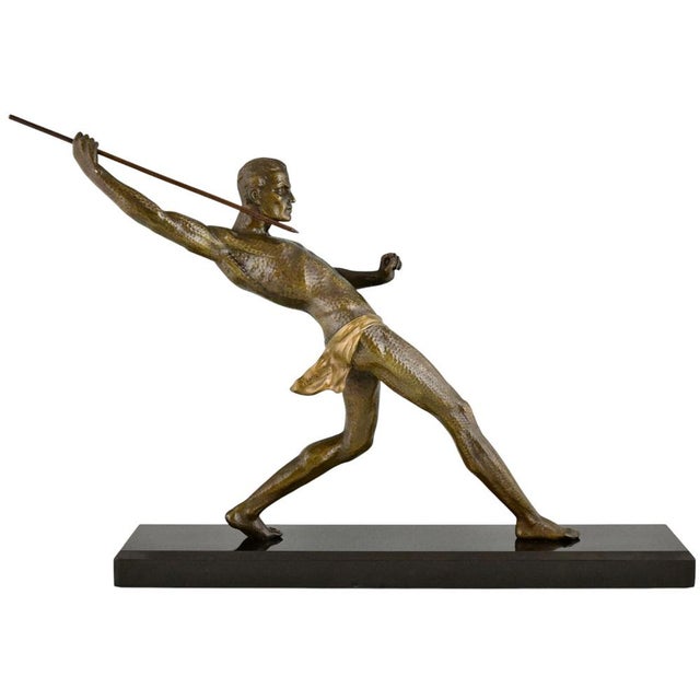 Limousin, Art Deco Athlete with Spear or Javelin Thrower, 1930, Metal on Marble Base For Sale - Image 13 of 13