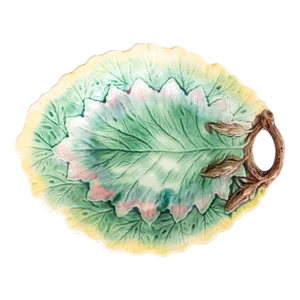 Antique English Majolica Green Leaf Handled Plate Platter