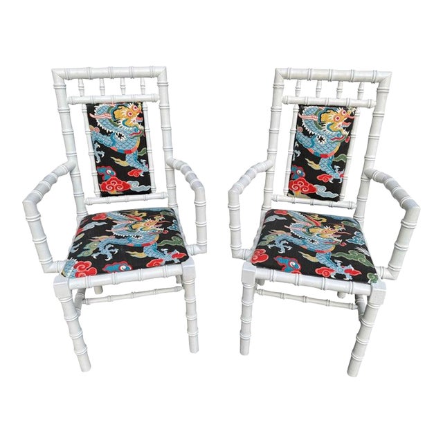 Pair of White Wooden Faux Bamboo Chairs For Sale