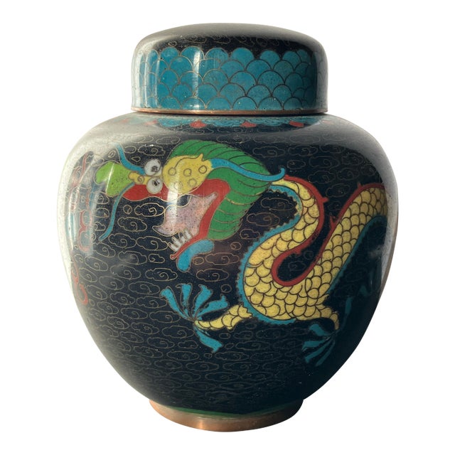 Vintage Chinese Cloisonné Dragon Ginger Jar W/ Lid, Decorative Collectible Vase For Sale
