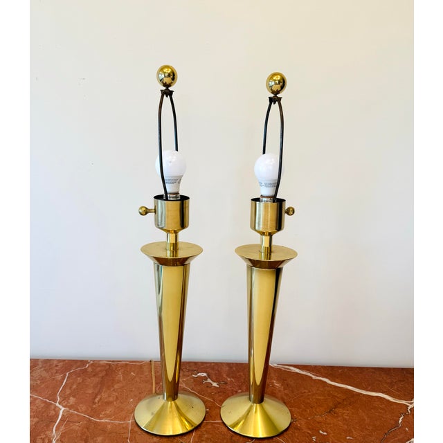Stiffel Brass Torch Form Table Lamps—a Pair. Their clean silhouettes are very Modern — whether used in a Mid-century,...