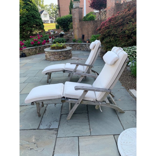 Contemporary Solid Teak Lounge Steamer Chairs With New Cushions Set