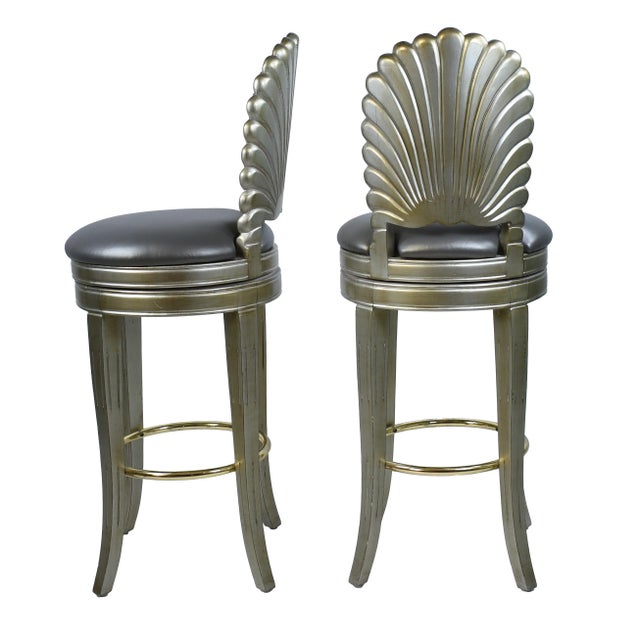 1980s Pair of Silver Leafed Grotto Swivel Barstools For Sale - Image 4 of 6