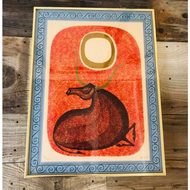 Pumpkin 1970s "Taurus With Eye of Ra" Modernist Signed and Numbered Lithograph #53 by Keith De Carlo, Framed For Sale - Image 8 of 8