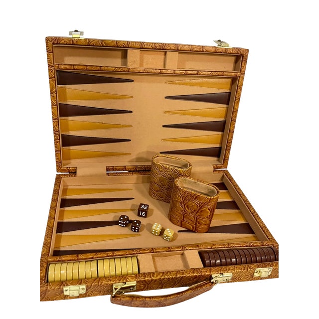 Mid-Century Modern Vintage Mid-Century Backgammon Game Set Faux Crocodile Travel Case For Sale - Image 3 of 18