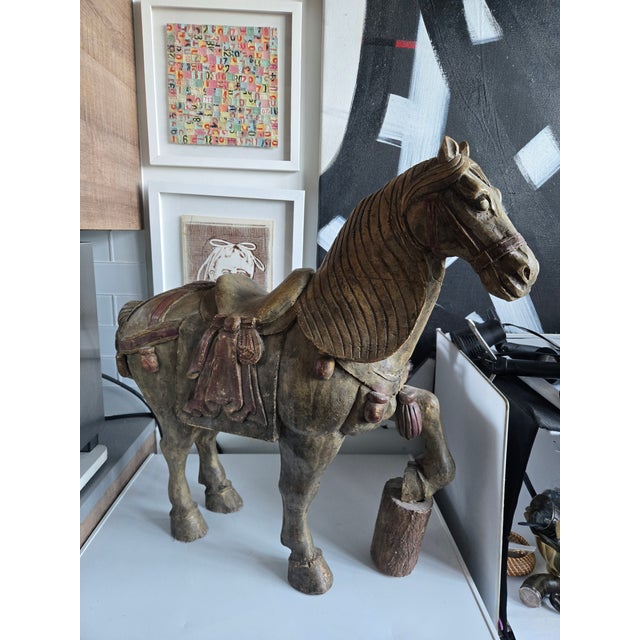Republic Period Chinese Polychromed Carved Wooden Tang Horse sold as found showing signs of age with slight cracks to body...