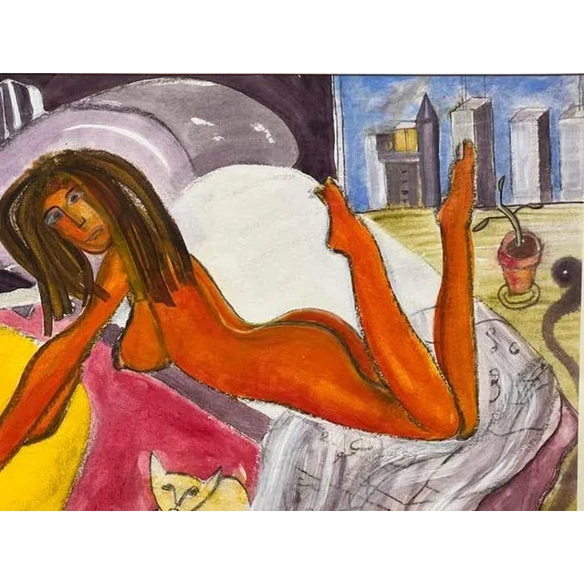 Late 20th Century "Woman and Her Cat" Mixed Media Artwork by Rupert Picott For Sale - Image 5 of 6