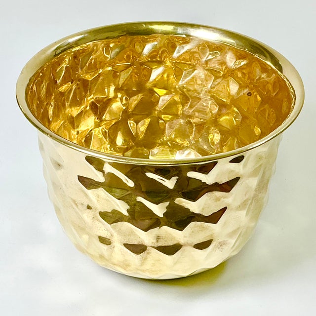Mid-Century Boho Chic Hollywood Regency Arts & Crafts Medium Textured Round Brass Planter For Sale - Image 6 of 10