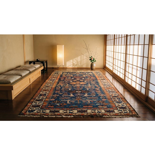 1900s Royal Blue Geometric Antique Caucasian Rug 4' 6" X 9' 8" Handknotted Wool Carpet For Sale - Image 10 of 10