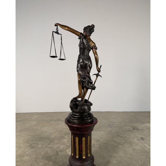 Bronze Lady Justice Sculpture – Blindfolded Justitia With Scales & Sword, 29” Tall For Sale - Image 9 of 13