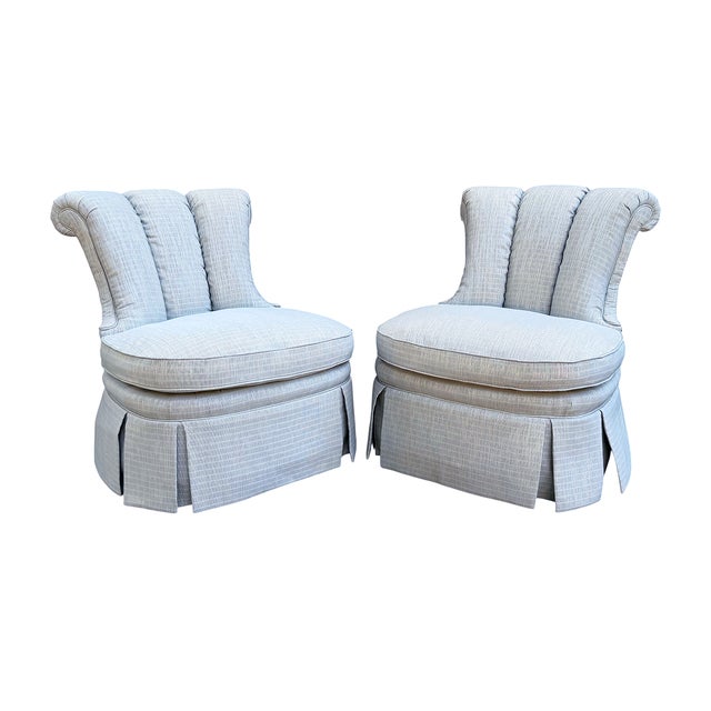 Century Furniture Vintage Century Furniture Channel Back Newly Upholstered Blue Scalamandre Fabric Slipper Chairs - A Pair For Sale - Image 4 of 7