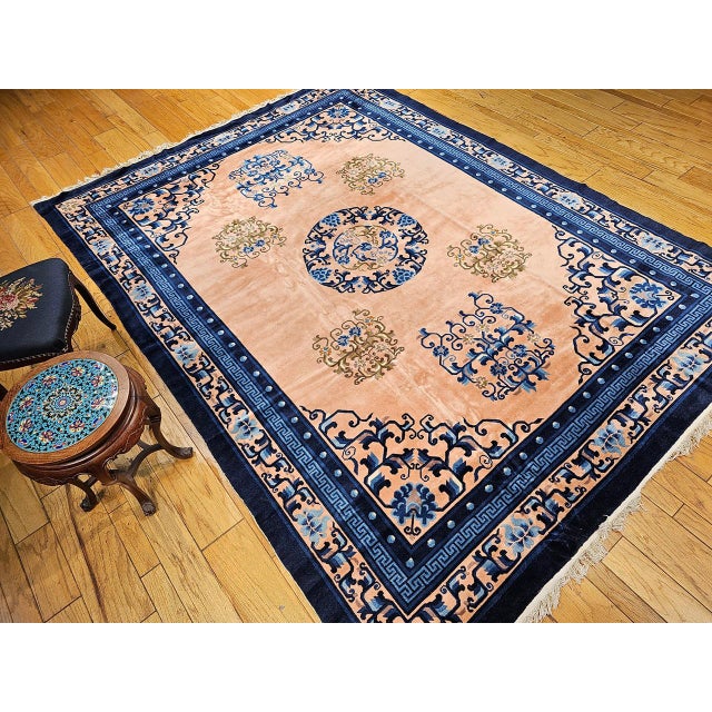 Early 20th Century Early 20th Century Art Deco Chinese Rug, Handwoven Wool Pile, Apricot & Navy, Lotus Motif, 8' x 11' For Sale - Image 5 of 18