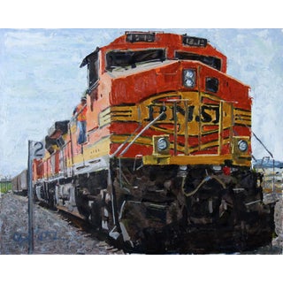 Getting Onboard by Clyde Steadman | Oil Painting of a freight train at a station For Sale