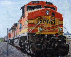 Getting Onboard by Clyde Steadman | Oil Painting of a freight train at a station