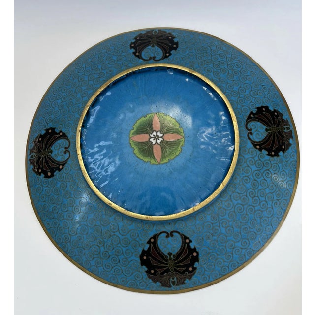 Antique Japanese Meiji Period Cloisonne Charger With Shishi Lion Dogs and Turtle With Hairy Tails For Sale - Image 4 of 12