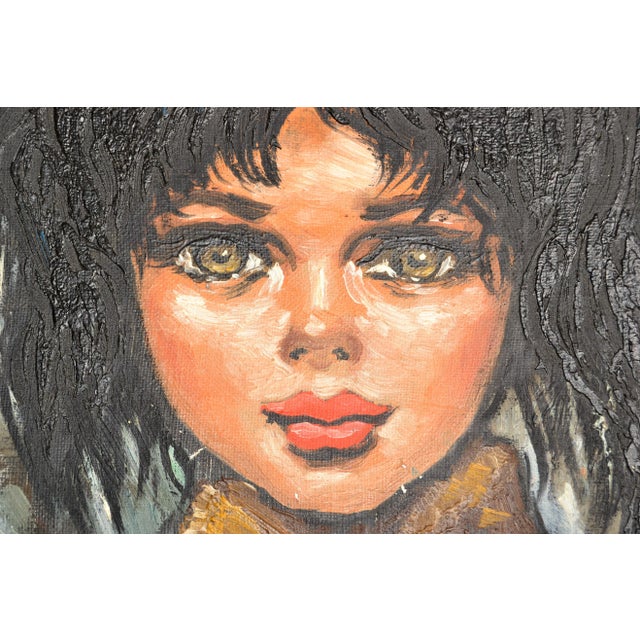 1960 Andre Daude Big Eyed French Girl Painting Oil Canvas Black Frame Green Coat For Sale In Miami - Image 6 of 13